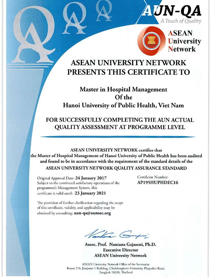 Giấy chứng nhận Chương trình đào tạo Thạc sĩ Quản lý bệnh viện của Trường ĐHYTCC đạt chuẩn kiểm định của Hệ thống đảm bảo chất lượng các trường Đại học Đông Nam Á (AUN-QA)